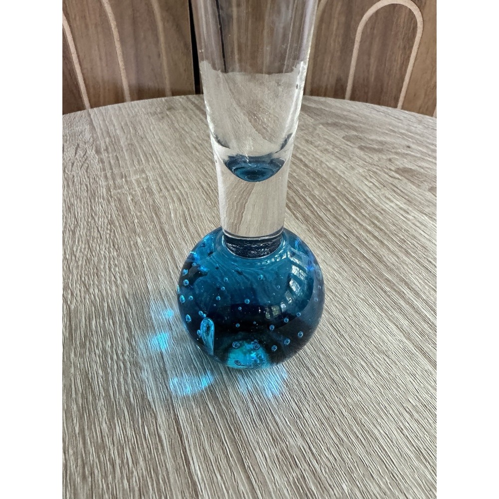10" Art Glass Bud Vase Aqua Bubble Base Sommerso Style Hand Blown Mid Century - Picture 2 of 4
